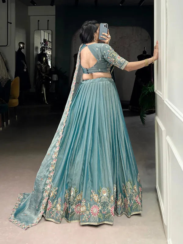 Sea blue embroidery work lehenga choli in USA