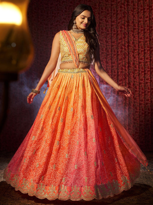 Orange color organza lehenga choli for women online