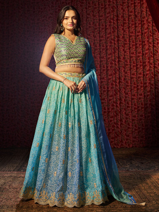 Sky blue color organza lehenga choli for women online shopping