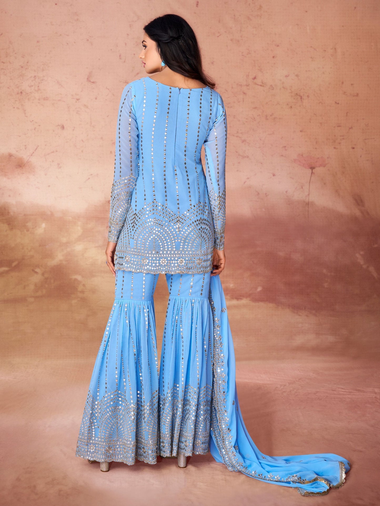 Embroidery Sky Blue color gorgette sharara suit