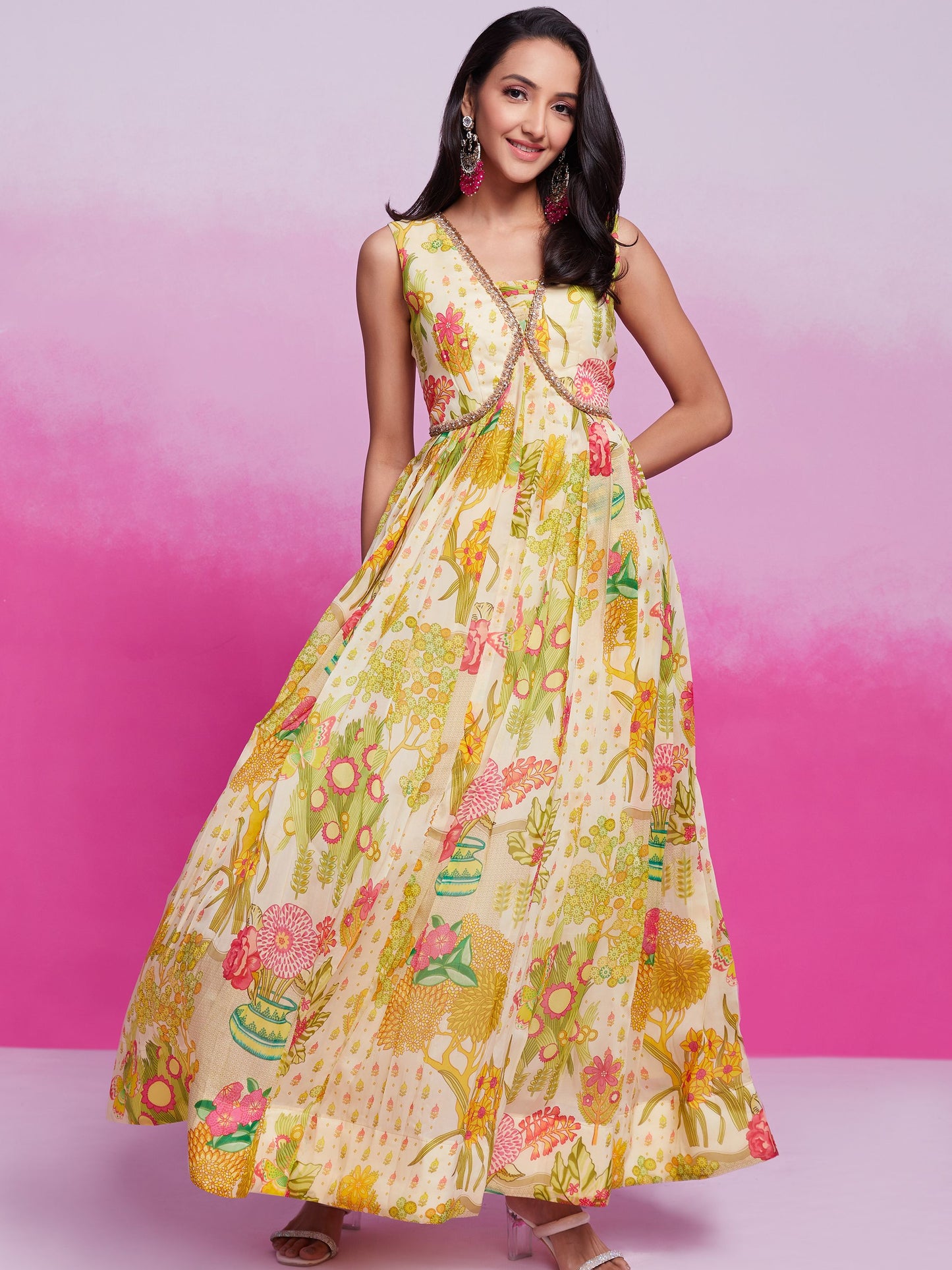 Cream color organza printed gown for women