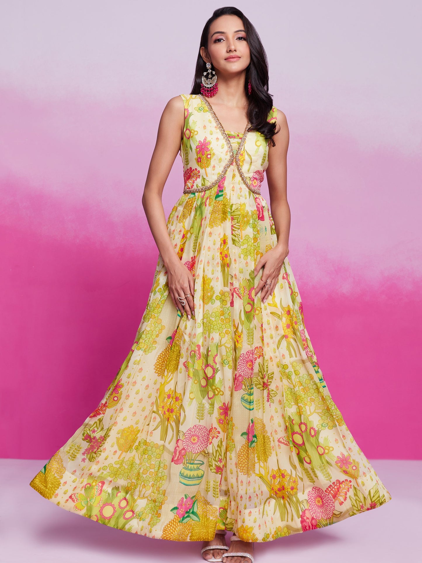 Cream color organza printed gown online