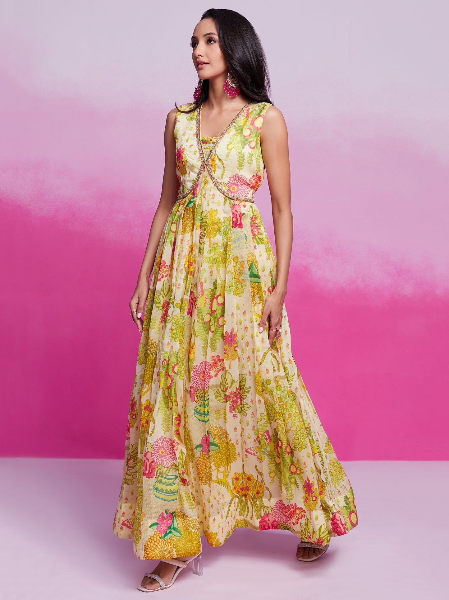 Cream color organza printed gown price