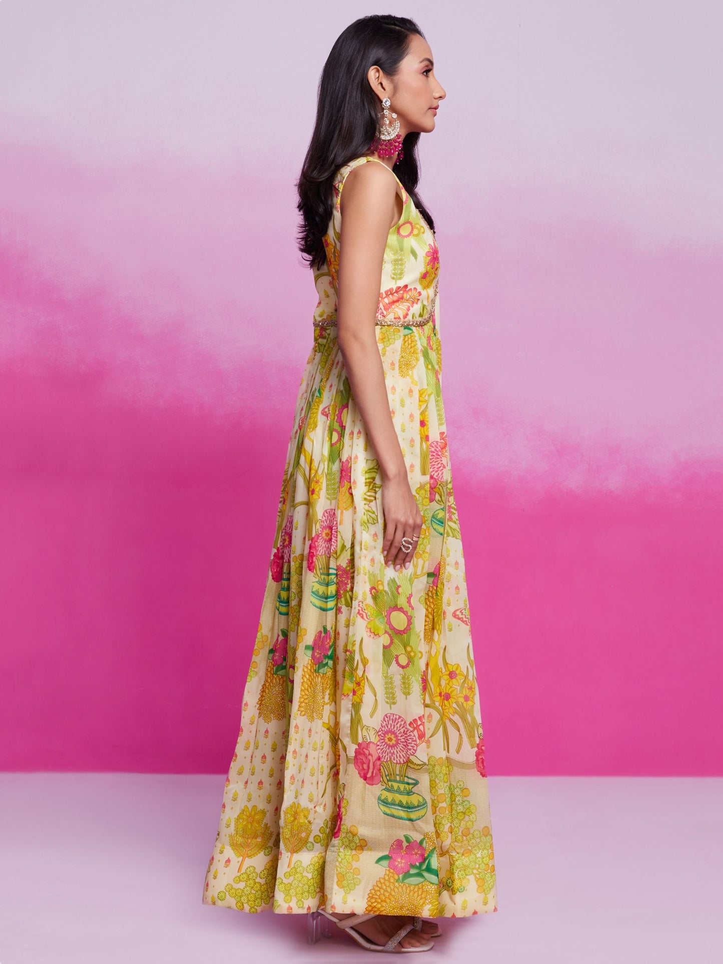 Cream color organza printed gown online shopping