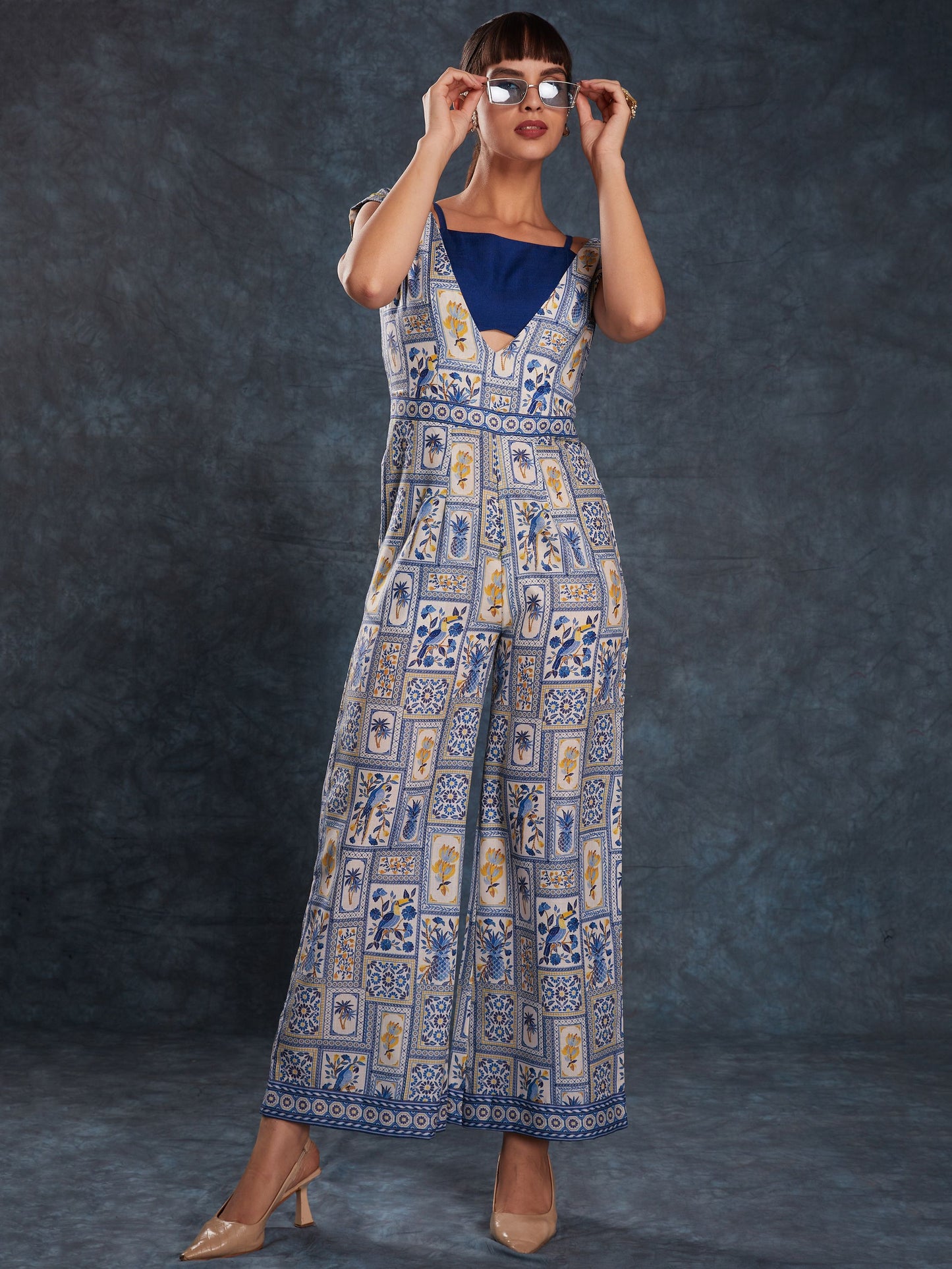 Navy blue color linen printed blouse and jumpsuit images