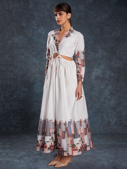 white color linen printed maxi for party
