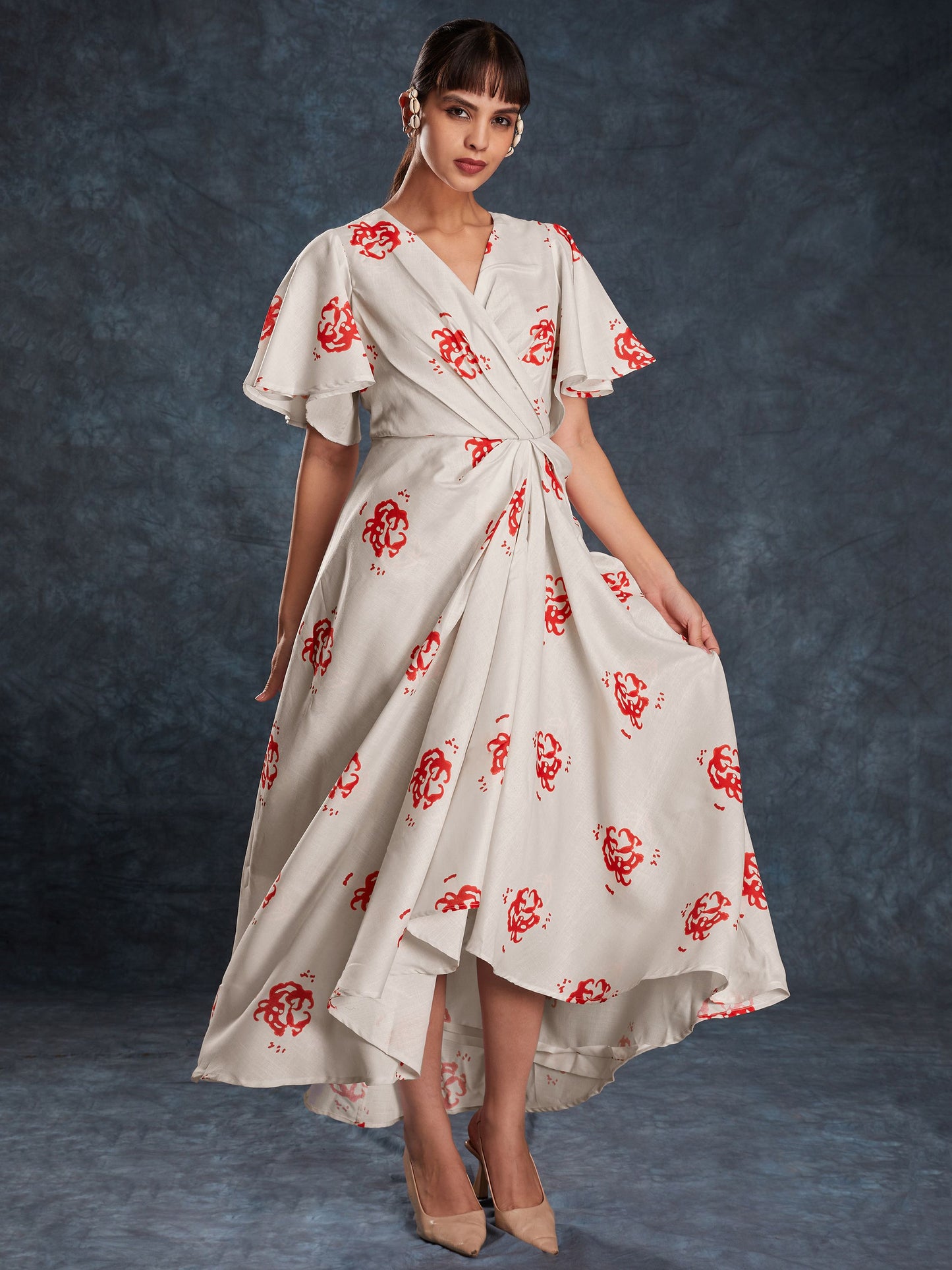Cream color linen printed maxi dress for women