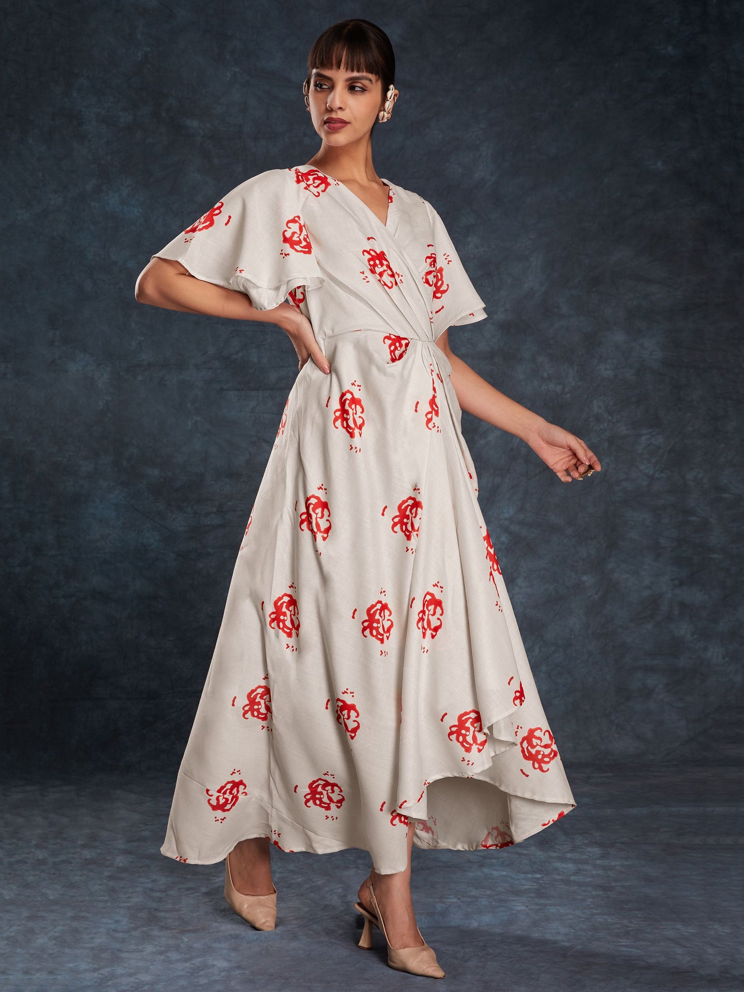 Cream color linen printed maxi dress for party