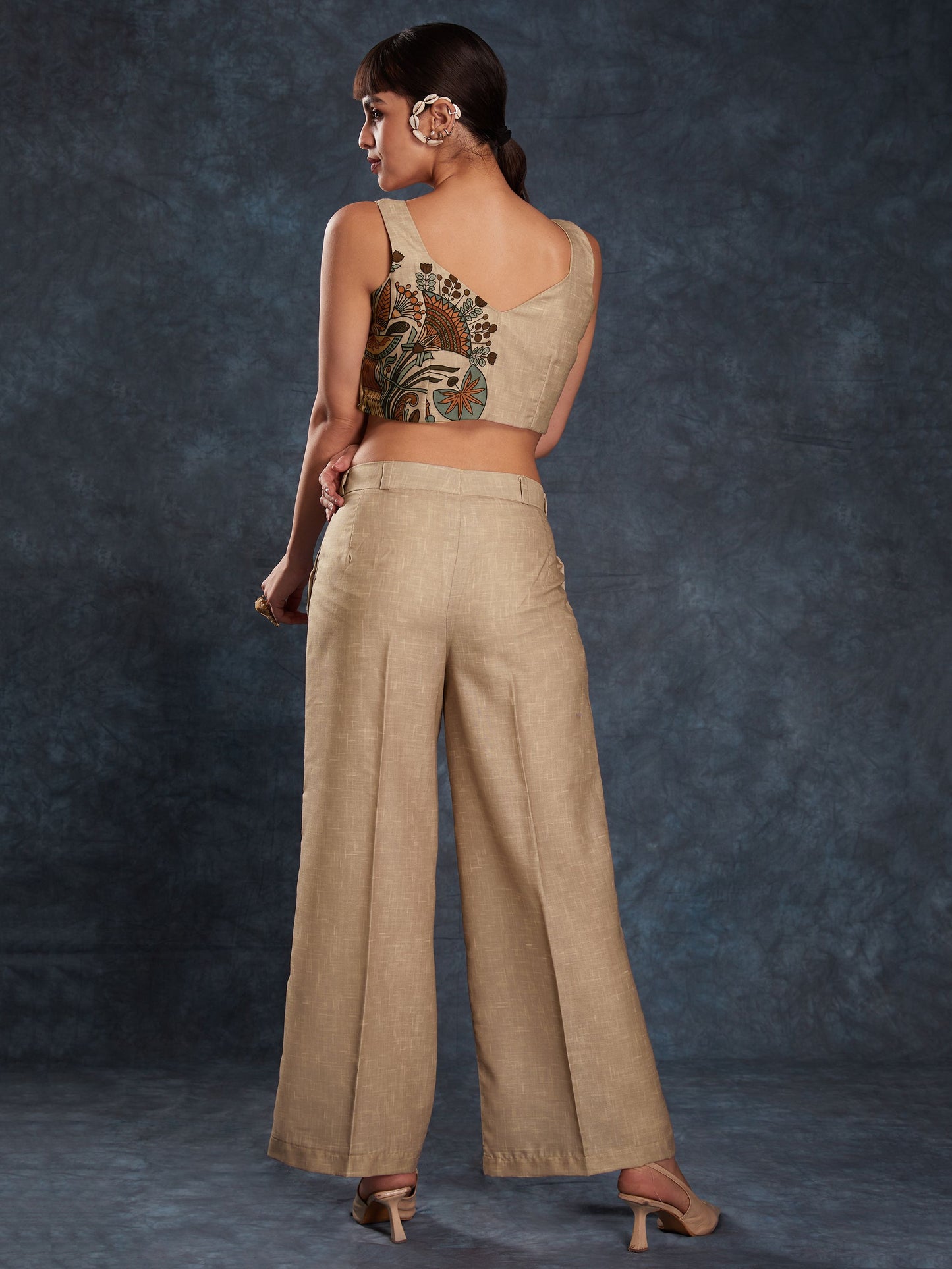 Brown color linen printed top and pant for party
