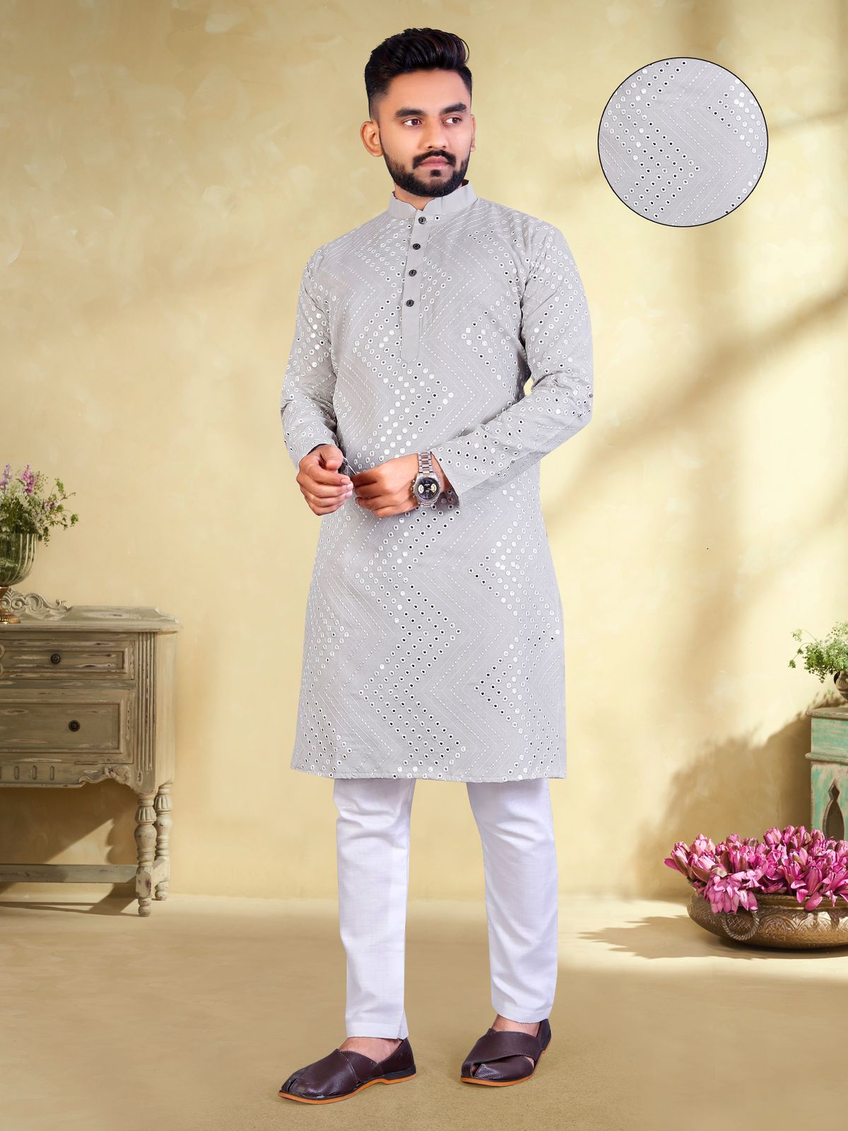 Beautiful Zig Zag Mirror Work Kurta For Men's