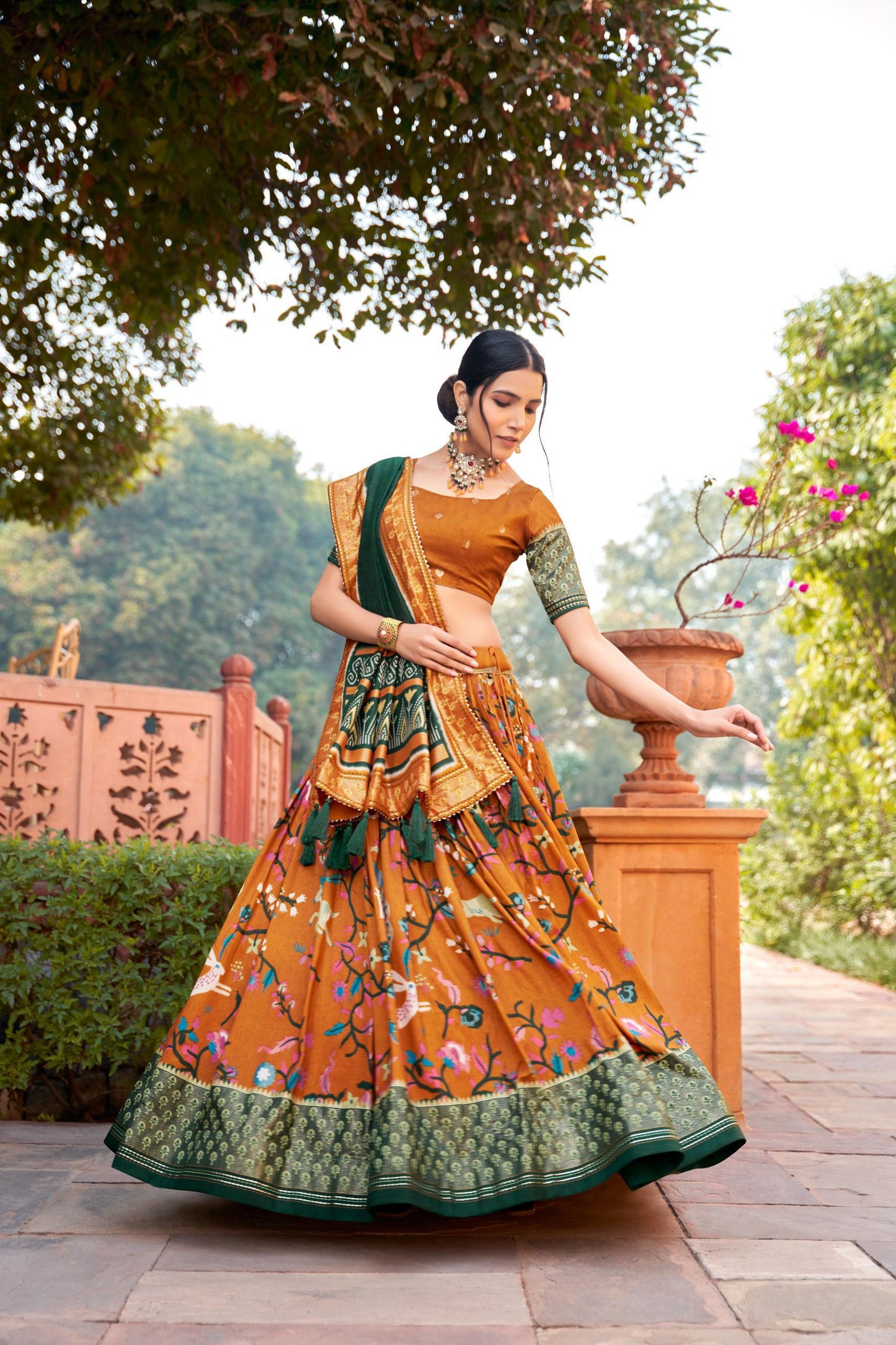 Mustard Silk patola foil print design lehenga choli with price