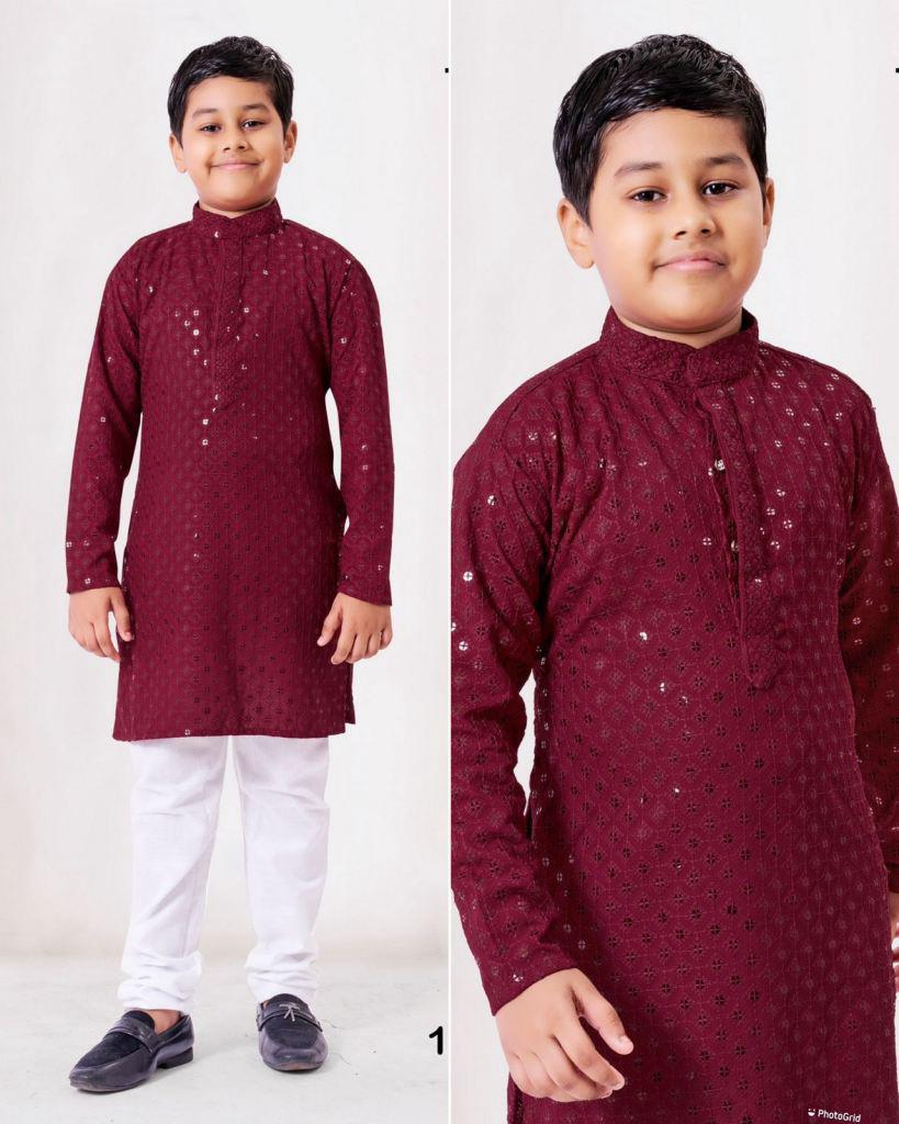 Wine Chikankari Kurta For Kids Boys Ethnic Wear Kids Kurta Pyjama