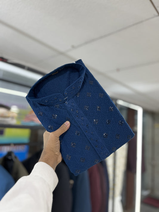Blue color sequins kurta for men