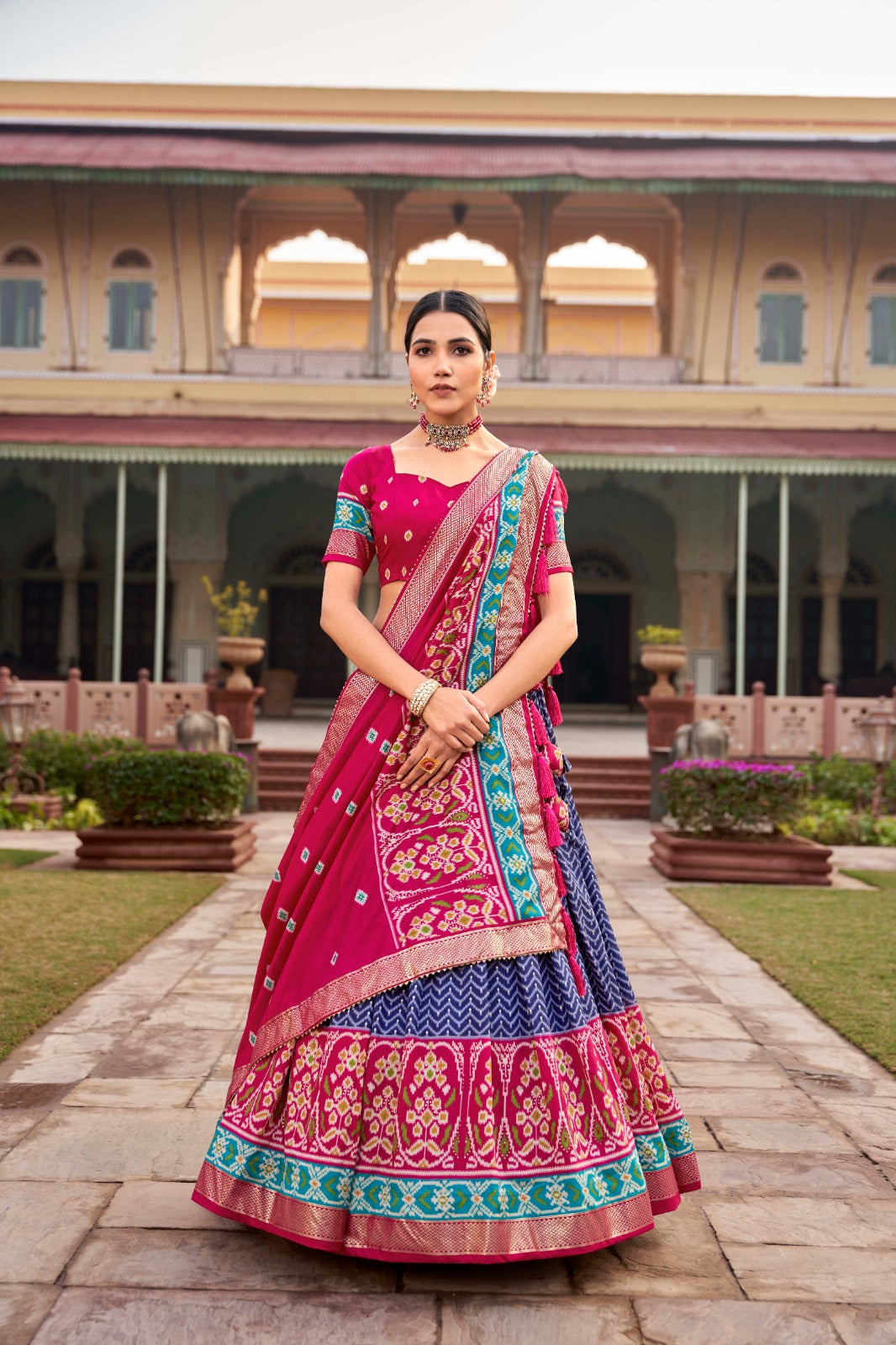 Blue Silk patola foil print design lehenga choli with price