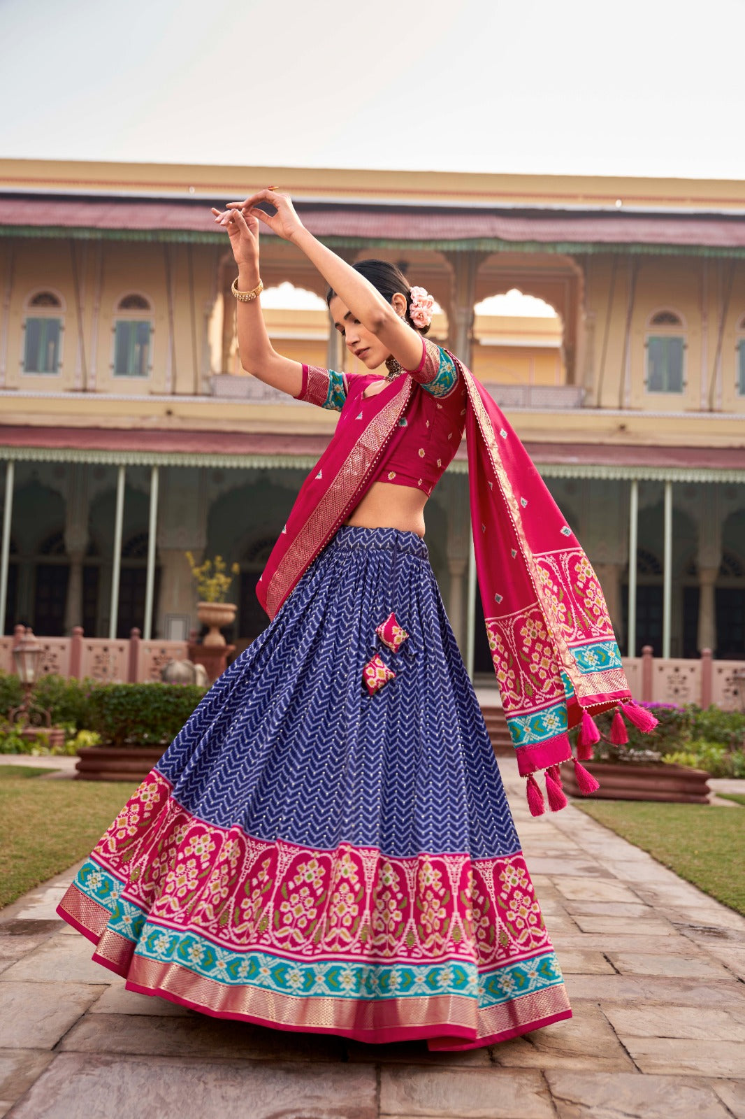Blue Silk patola foil print design lehenga choli latest