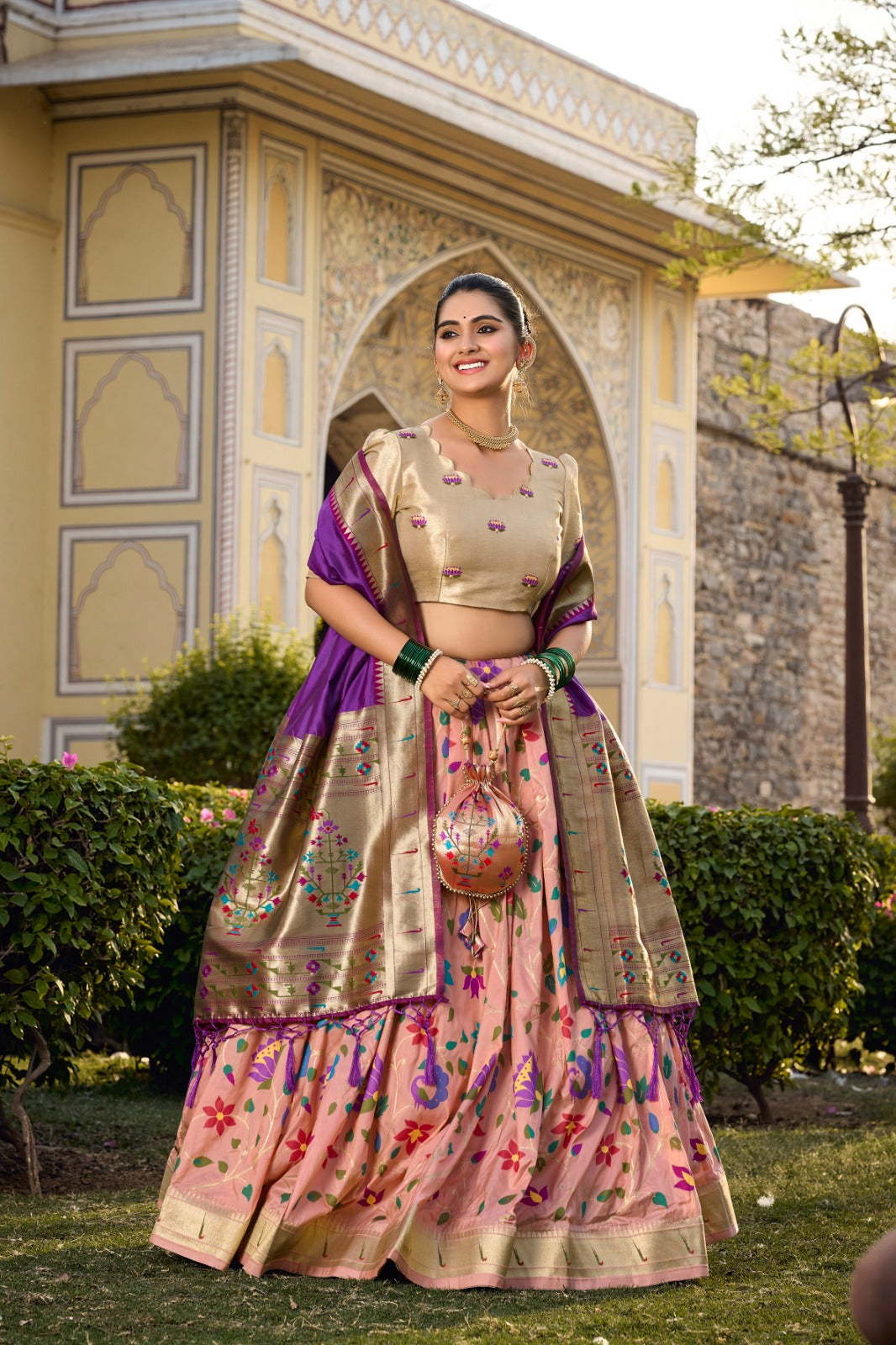 Peach designer zari work lehenga