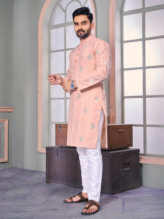 Peach color embroidery work kurta