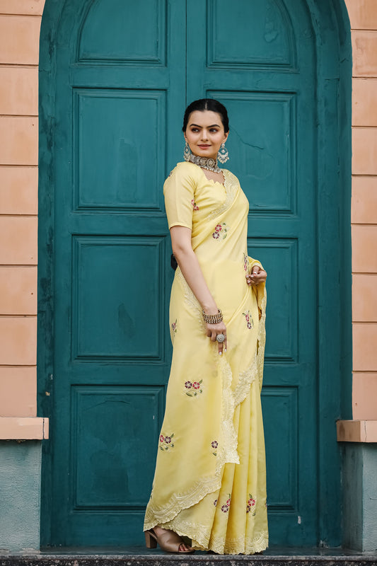 Cotton yellow saree for women