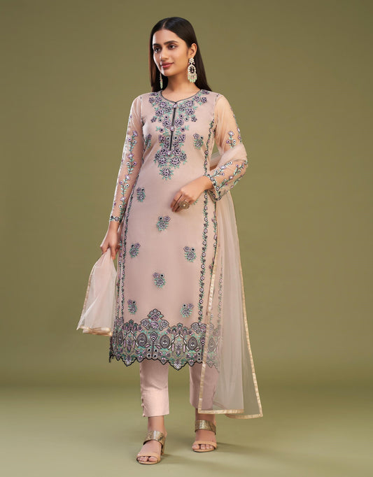 Trendy Peach Net Embroidered Top with Pant for Eid Festival