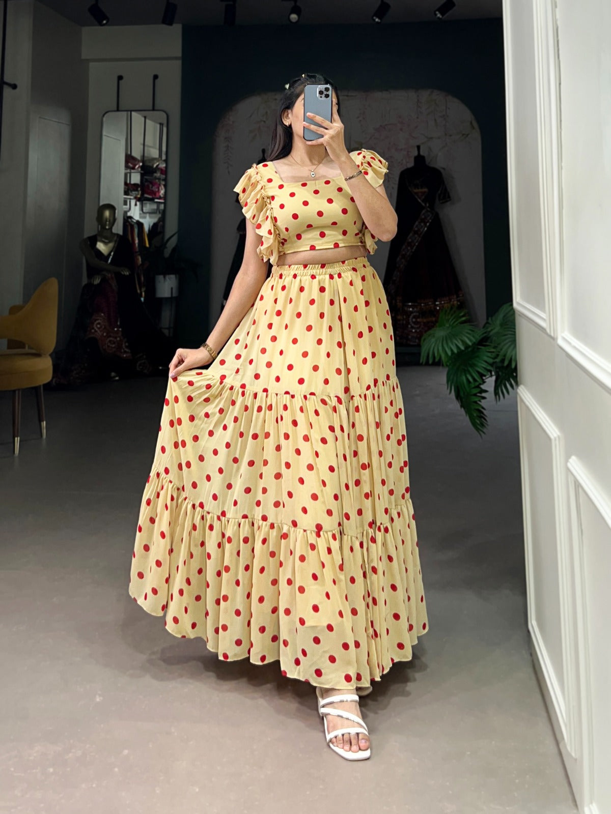 Cream Fancy top and bottom lehenga and blouse set online