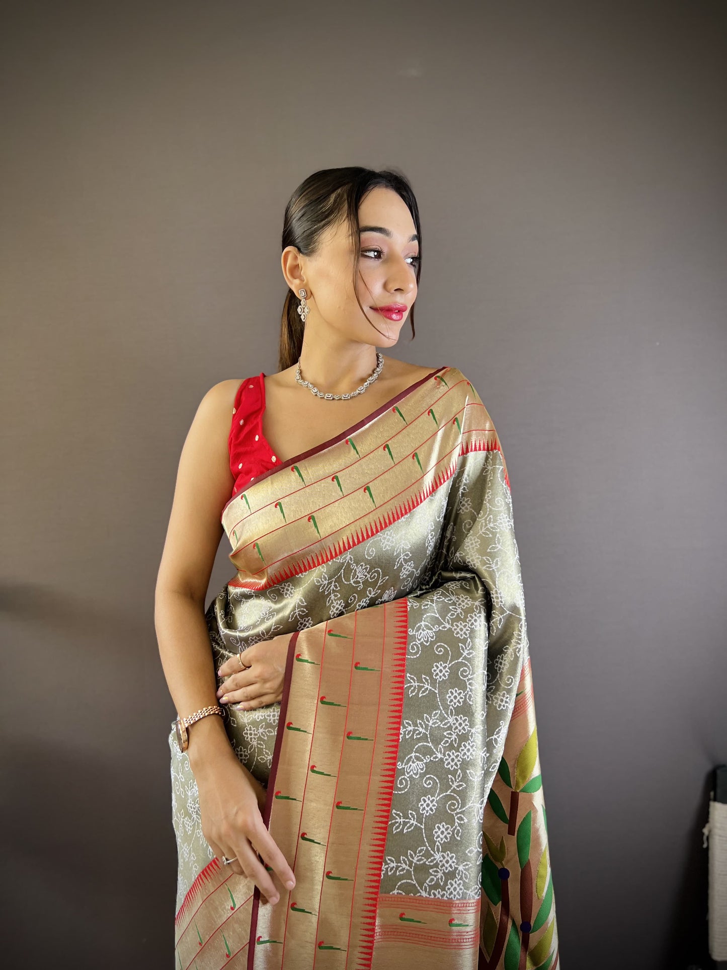 Party wear grey color fancy saree with blouse