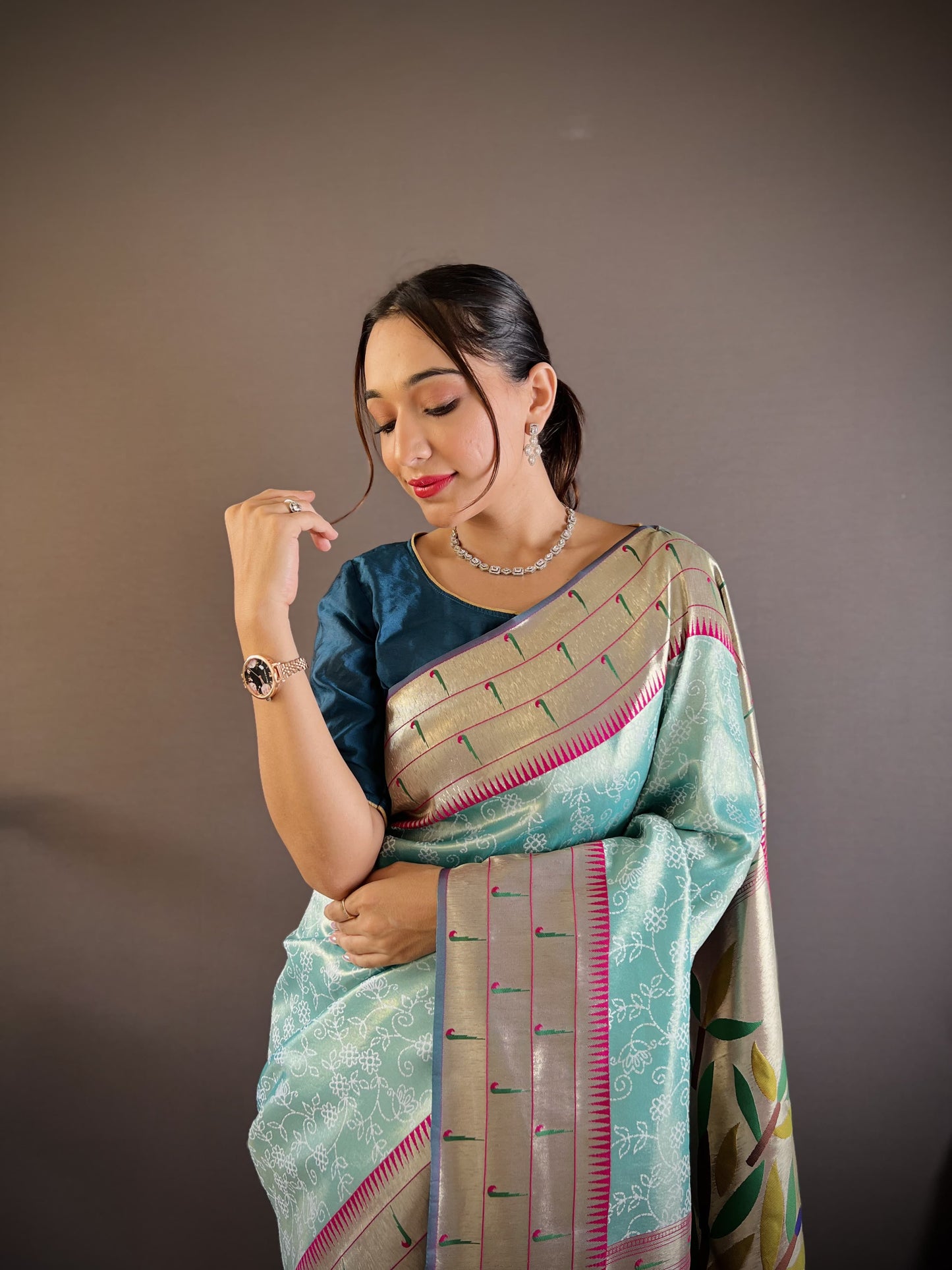 Sky color weaving saree for women images