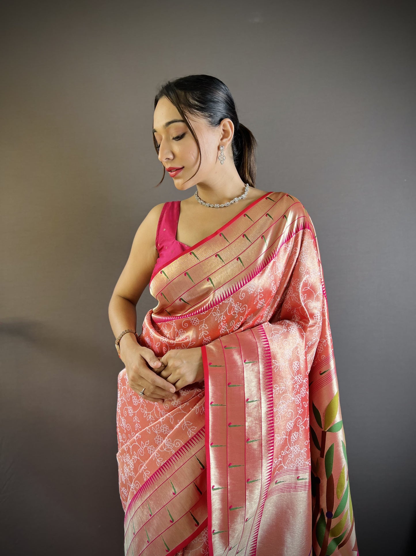 Peach color silk weaving saree with blouse images