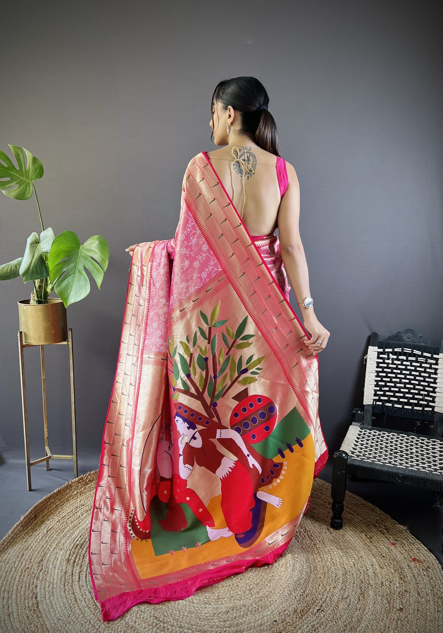 Pink color weaving saree with blouse