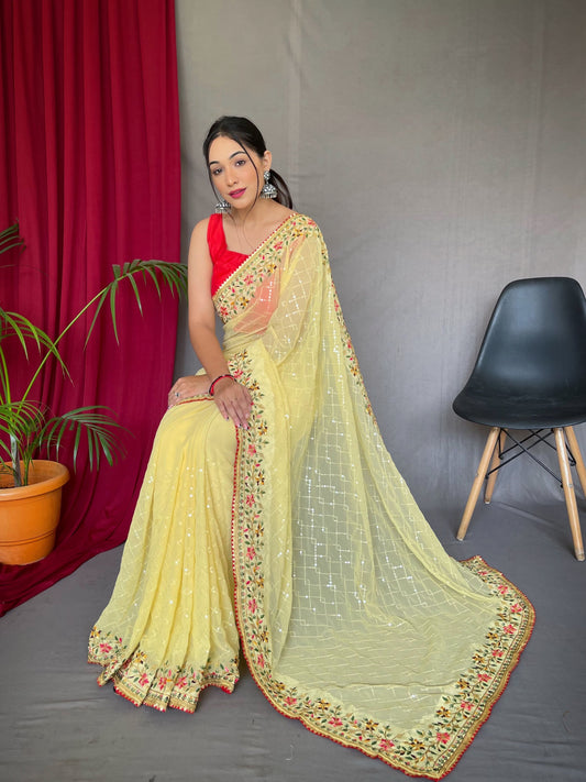 Yellow colour georgette saree for women with price