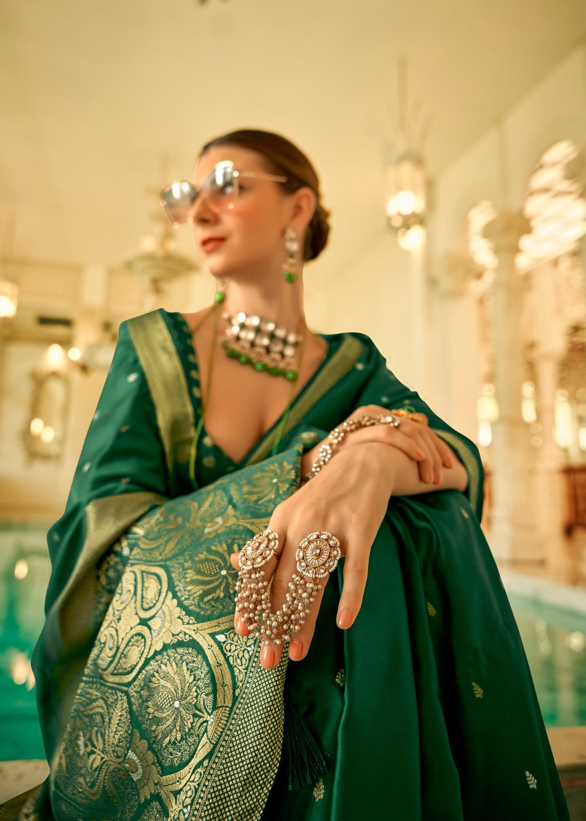 Banarasi Bottle Green Saree
