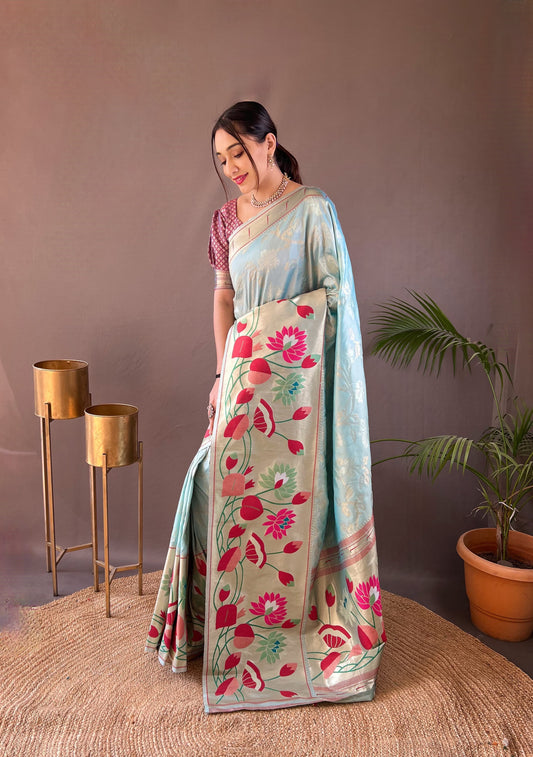Sky paithani silk saree for women