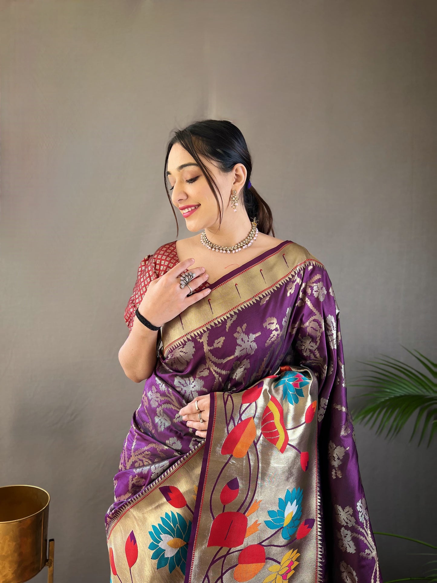 Pure wine paithani silk saree for women