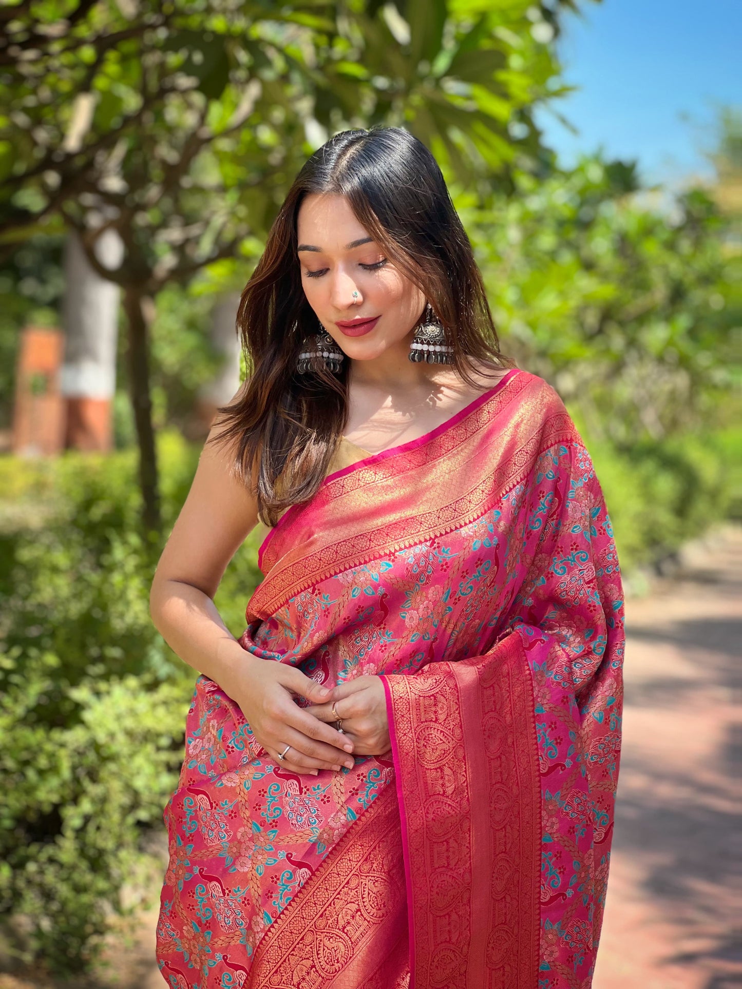 Pink color party wear tissue banarasi silk saree with blouse
