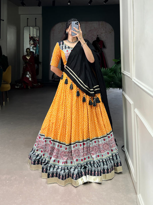 Yellow ajarakh printed chaniya choli