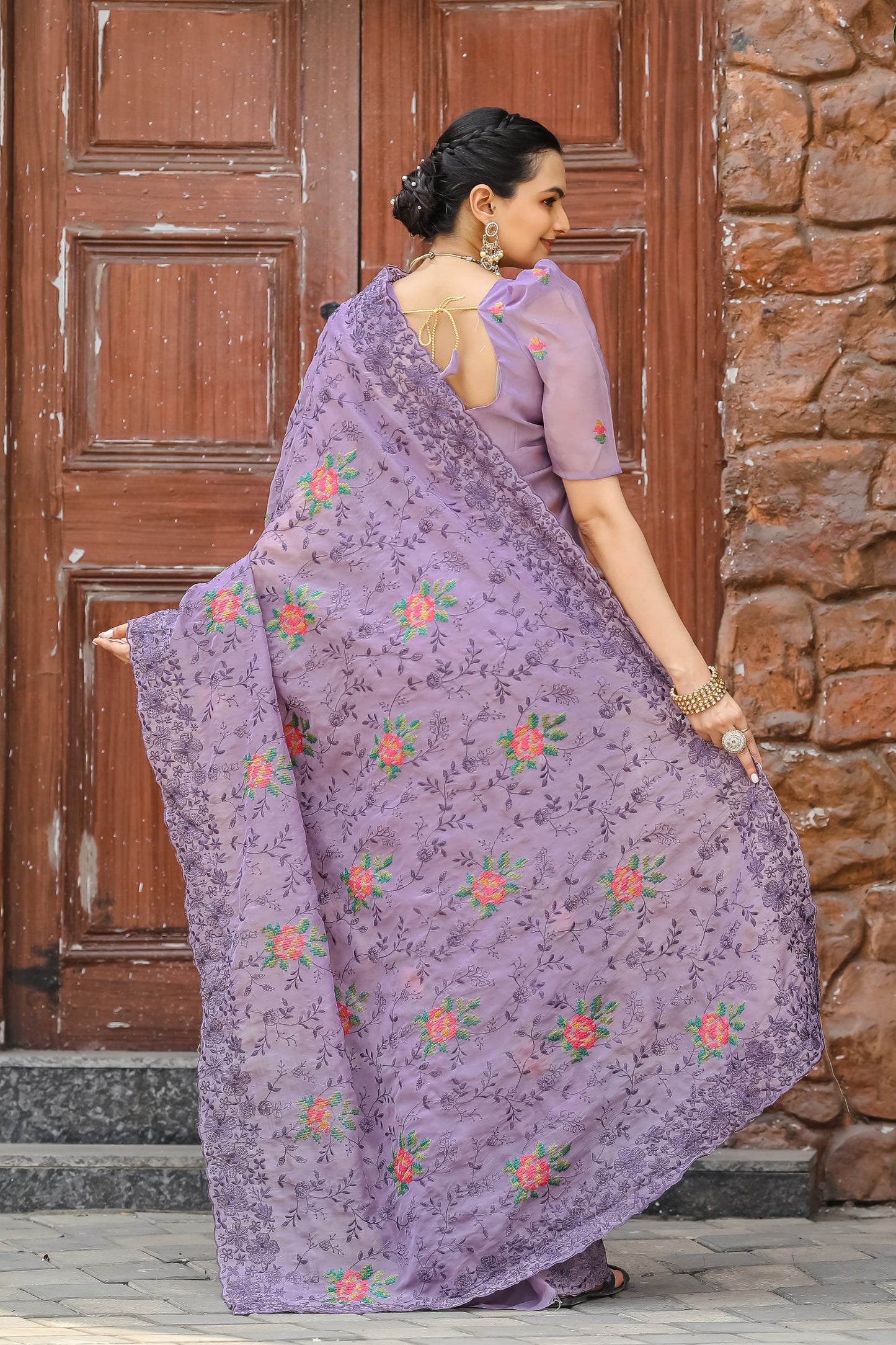 Purple shiny zari chiffon saree price