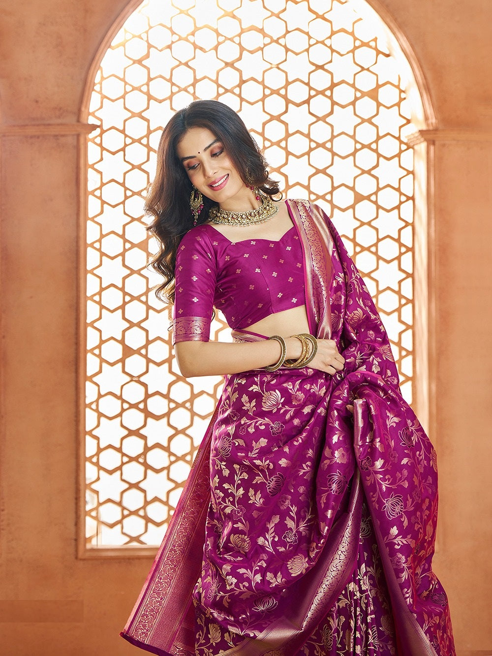 Purple Banarasi Saree Look
