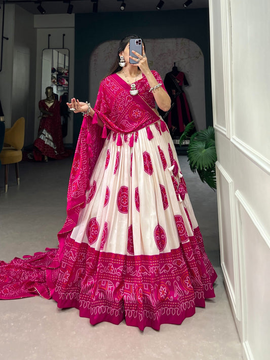 Pink bandhej print lehenga choli with dupatta