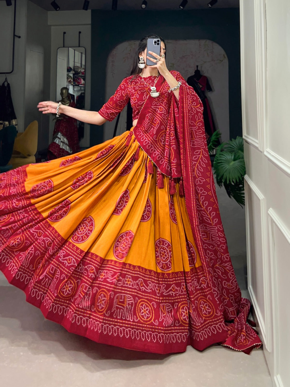 Mustard bandhej print lehenga choli online