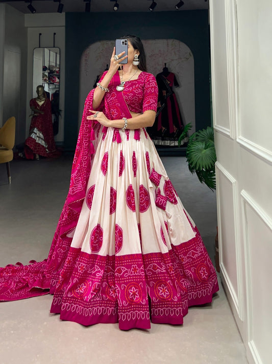 Pink bandhej print lehenga choli with price