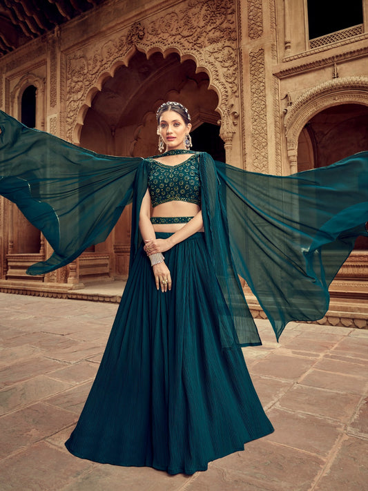 Dark green georgette lehenga choli for women