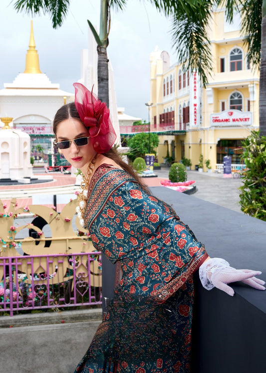 Pure teal blue satin silk saree for women