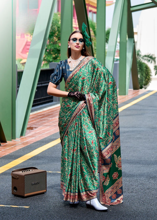 Pure green satin silk saree for women