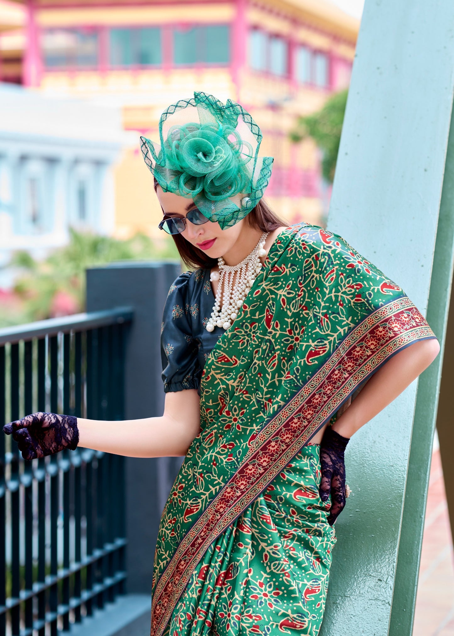 Green satin silk saree for women price