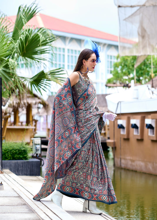 Dark grey color satin silk saree for women