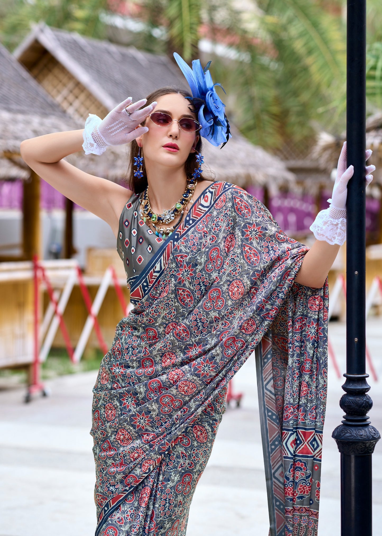 Light grey color satin silk saree for women