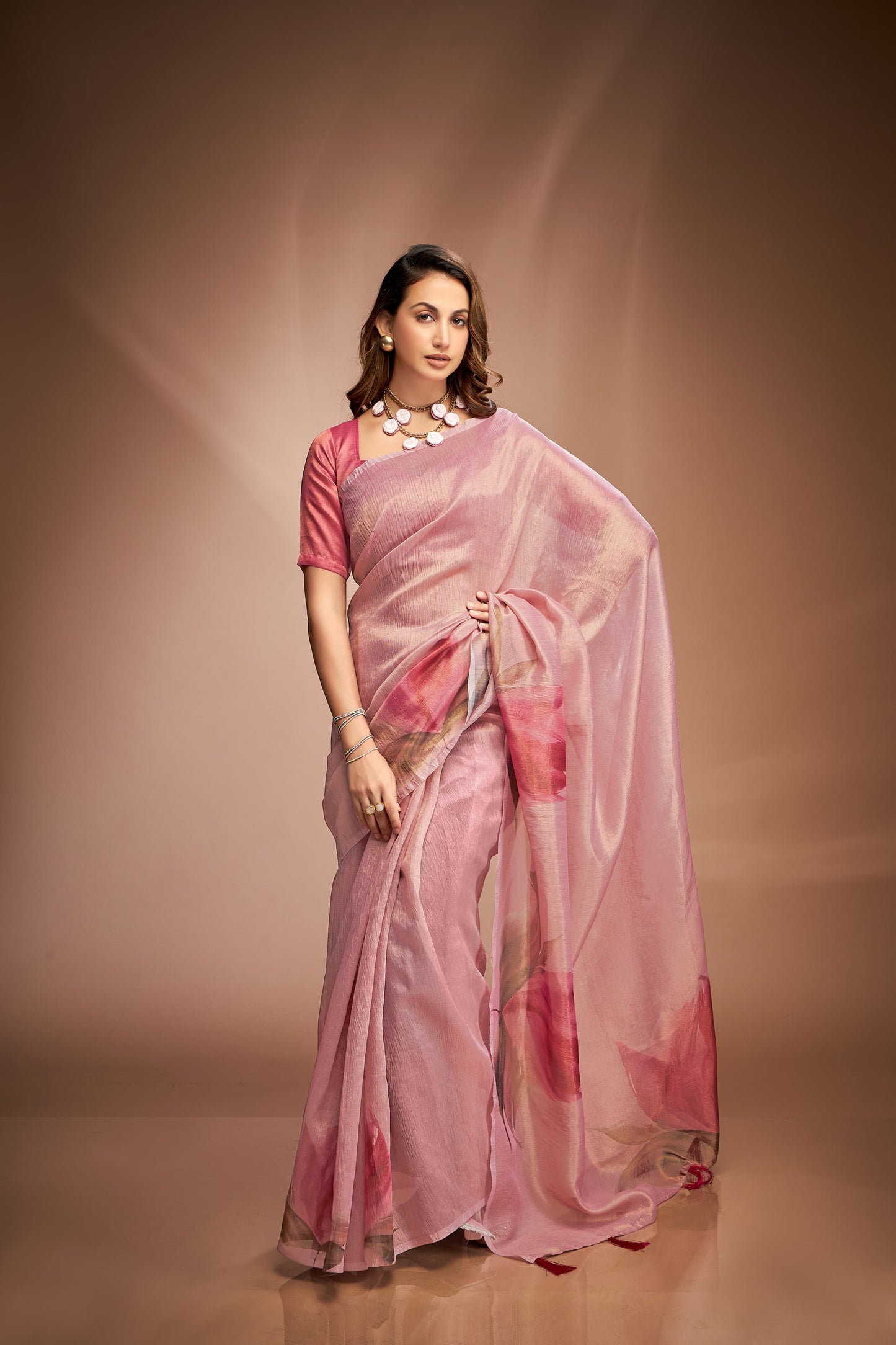 Pure pink tissue printed saree for women