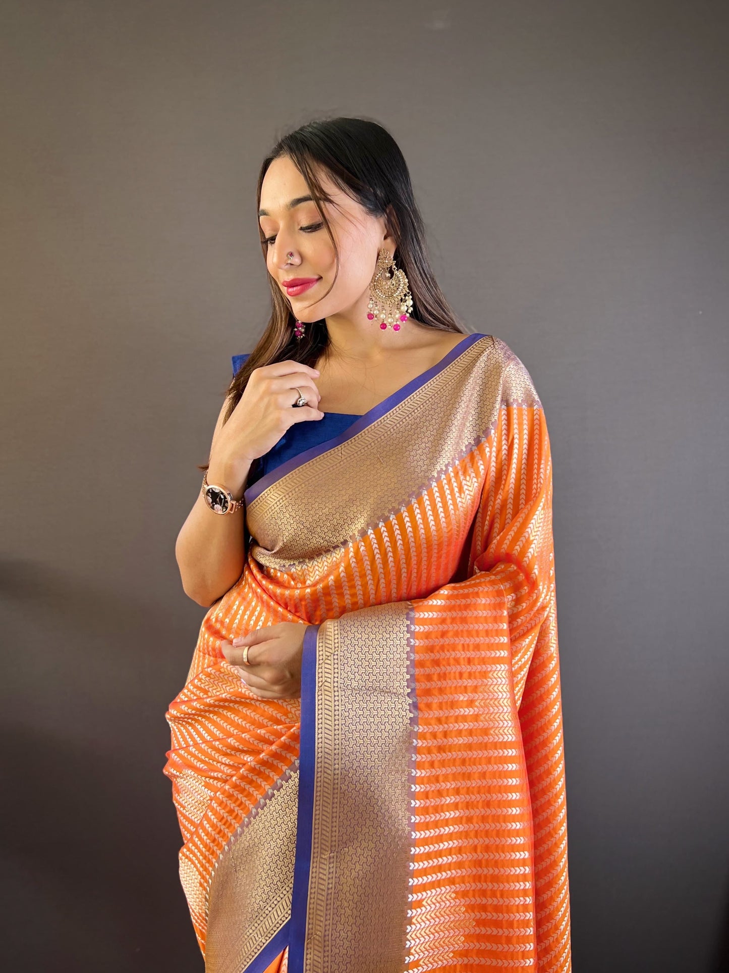 Orange color banarasi silk saree for women online shopping
