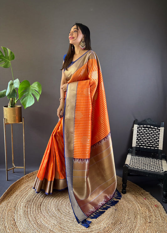 Orange color banarasi silk saree for women price