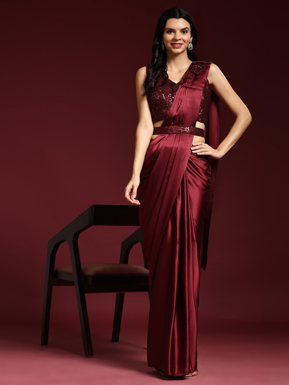 Alluring Maroon Readymade Saree with Stitched Blouse for Farewell