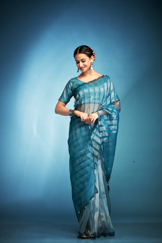 Rama color tissue silk saree for women images
